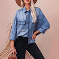 Oversized Raw Hem Denim Shirt Jacket - Blue