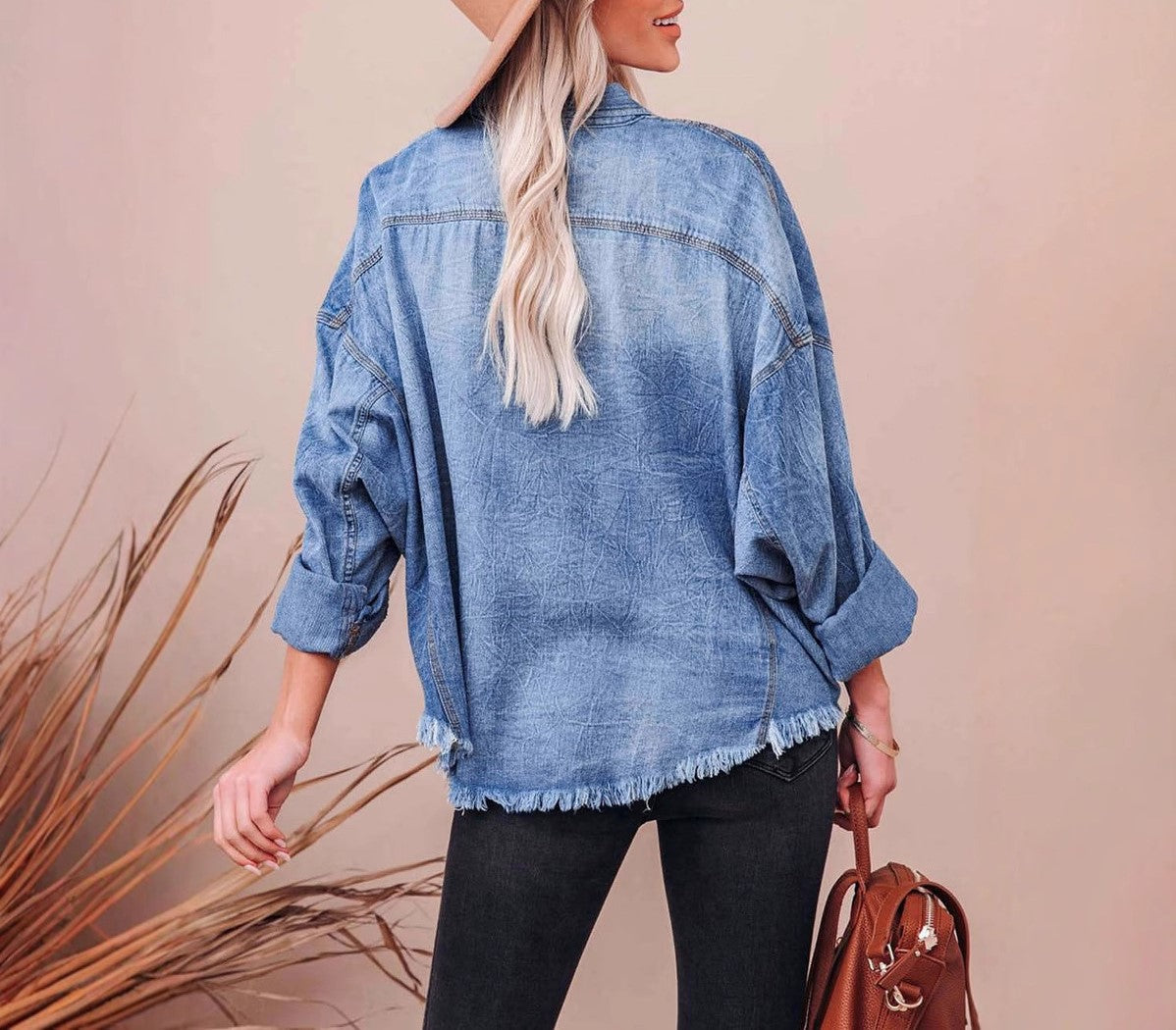 Oversized Raw Hem Denim Shirt Jacket - Blue - 1