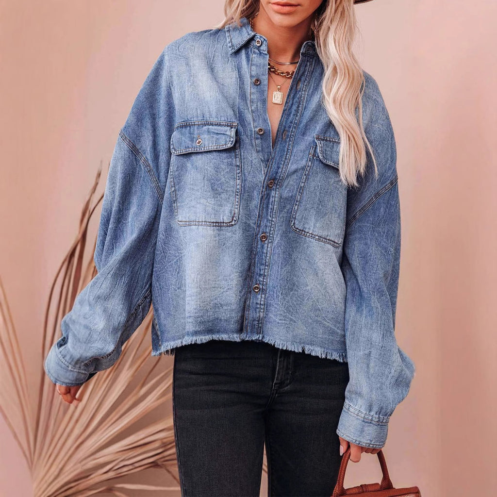 Oversized Raw Hem Denim Shirt Jacket - Blue - 2