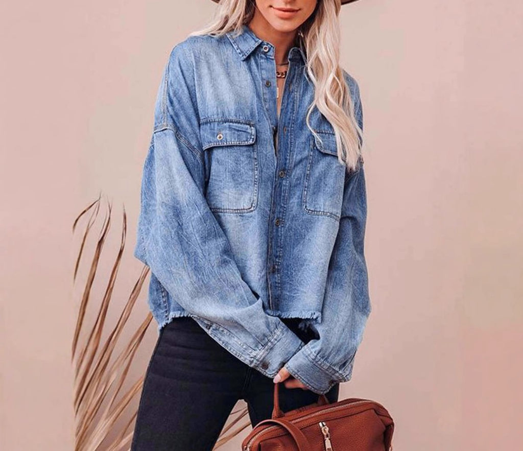 Oversized Raw Hem Denim Shirt Jacket - Blue - 3