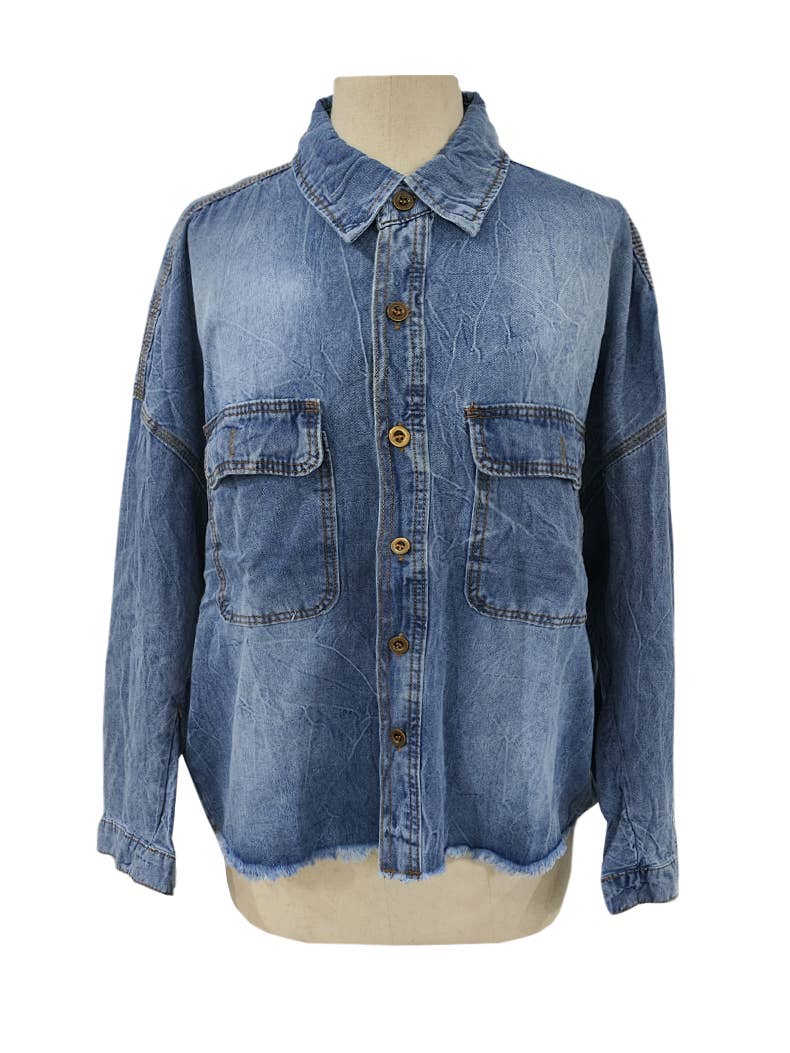 Oversized Raw Hem Denim Shirt Jacket