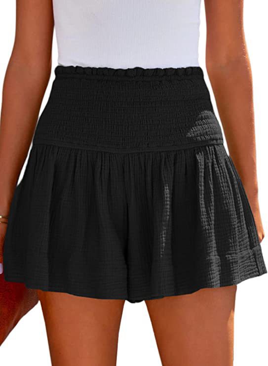 Smocked High Waist Flowy Ruffle Shorts - Black