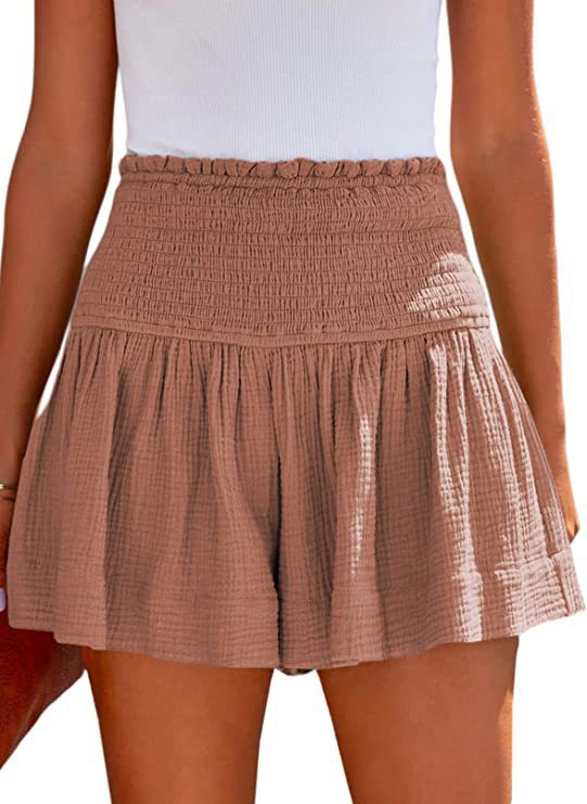 Smocked High Waist Flowy Ruffle Shorts - Brown
