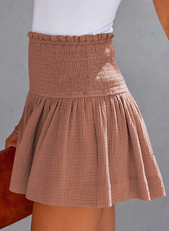 Smocked High Waist Flowy Ruffle Shorts - Brown - 1