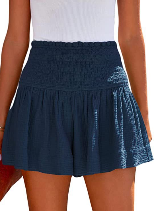 Smocked High Waist Flowy Ruffle Shorts - DarkBlue