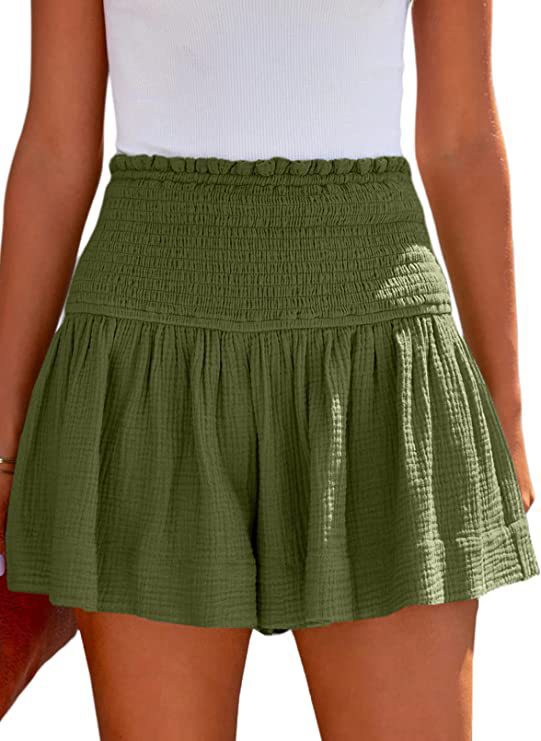 Smocked High Waist Flowy Ruffle Shorts - DarkGreen