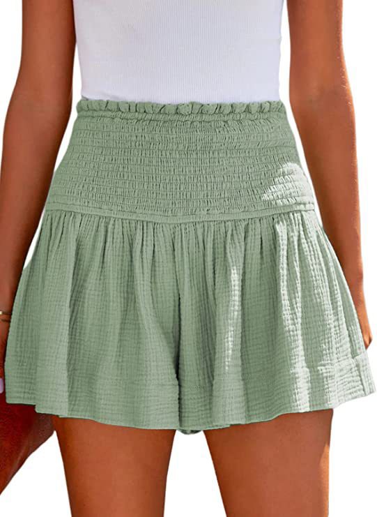 Smocked High Waist Flowy Ruffle Shorts - Green