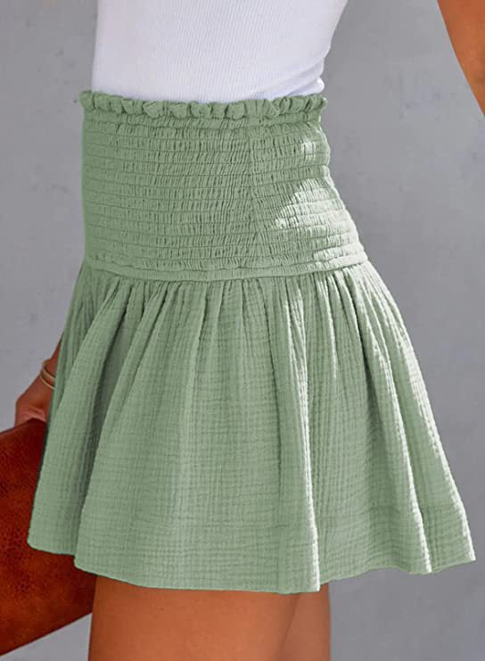 Smocked High Waist Flowy Ruffle Shorts - Green - 1