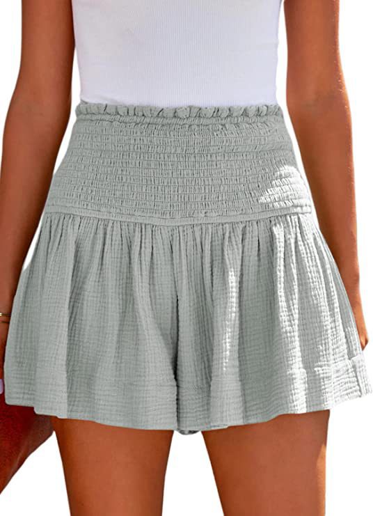 Smocked High Waist Flowy Ruffle Shorts - Grey