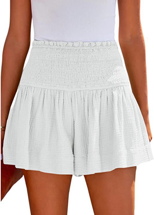 Smocked High Waist Flowy Ruffle Shorts - White