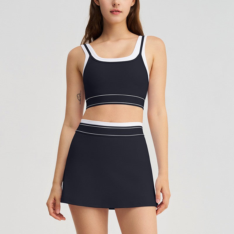 Contrast Trim Sports Bra and Tennis Skort Set - Black