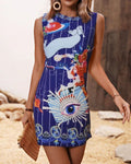 Mystic Eye Print Sleeveless Shift Mini Dress - Blue