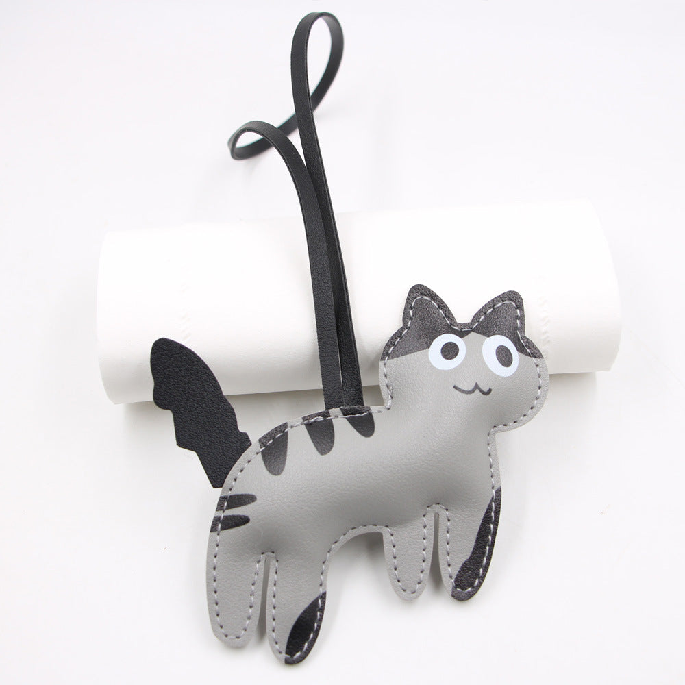 Kitty Cat Stitched Leather Bag Charm - Grey