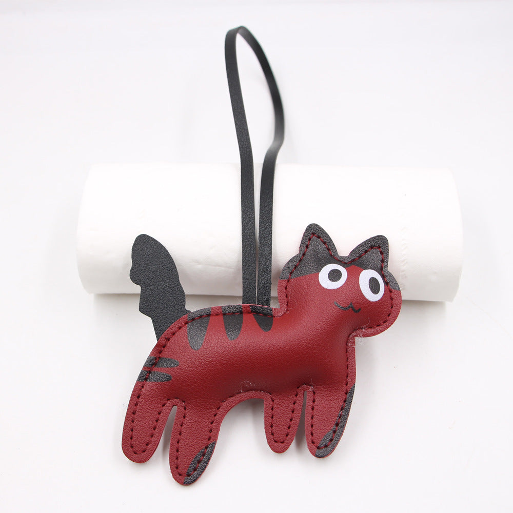 Kitty Cat Stitched Leather Bag Charm - WineRed