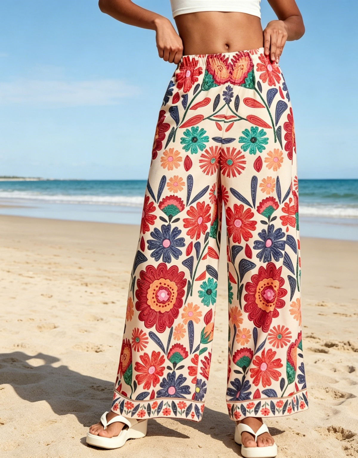 Retro Folk Floral Wide Leg Beach Pants - Floral - 1