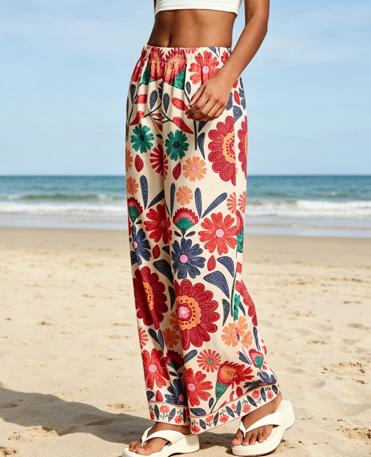 Retro Folk Floral Wide Leg Beach Pants - Floral - 2