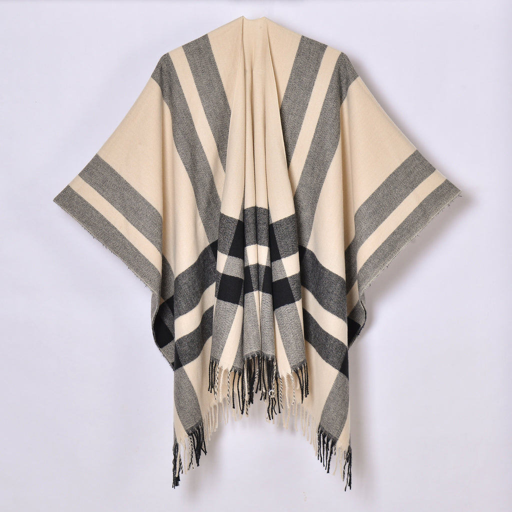 Oversized Plaid Tassel Poncho Cape - Beige