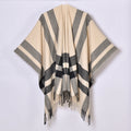 Oversized Plaid Tassel Poncho Cape - Beige