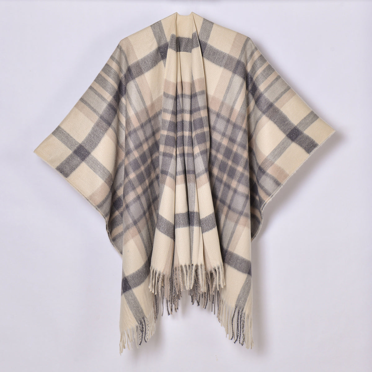 Oversized Plaid Tassel Poncho Cape - Beige_B