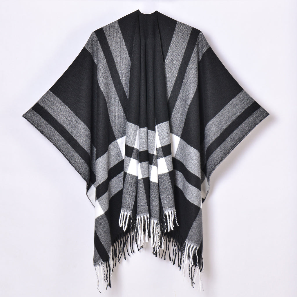 Oversized Plaid Tassel Poncho Cape - Black