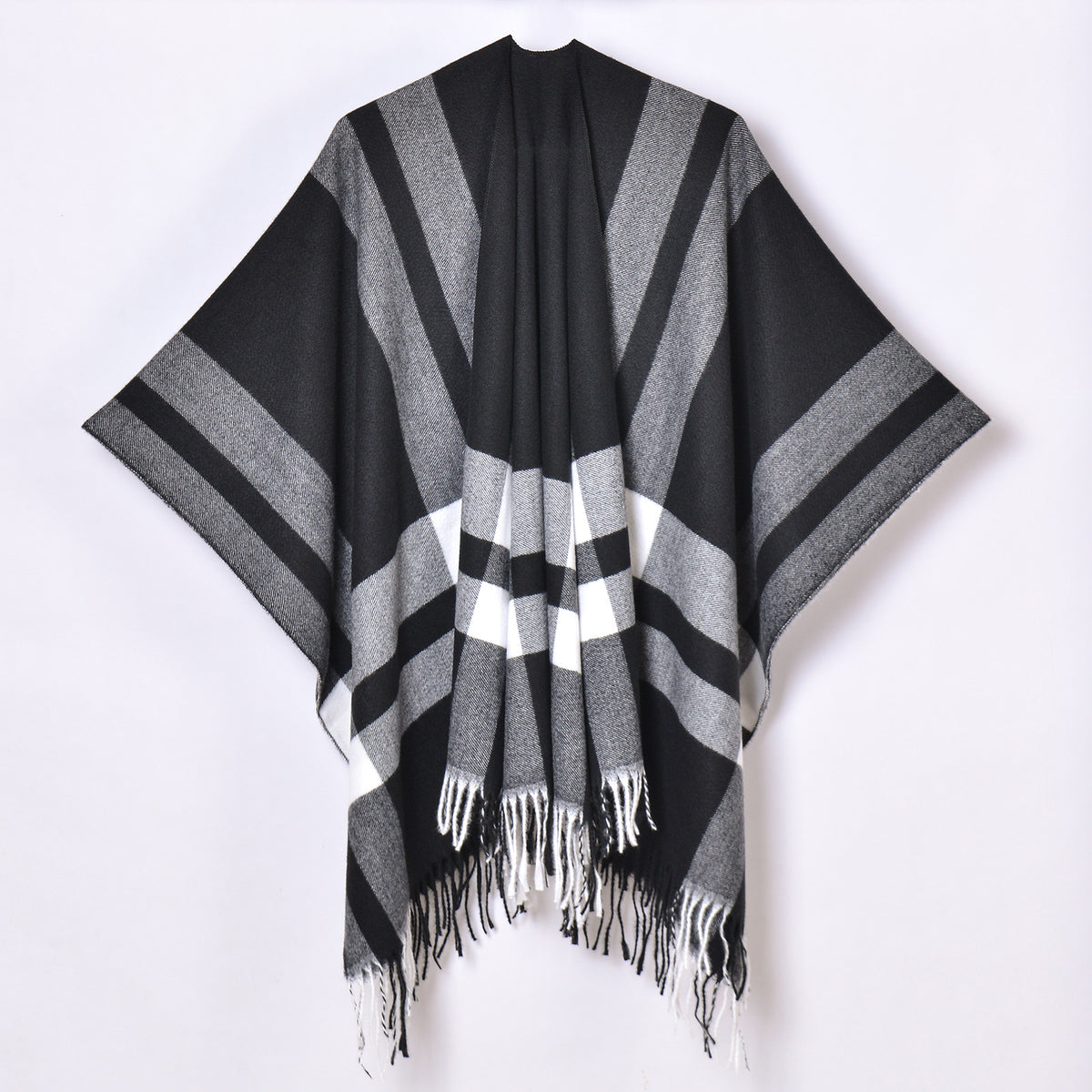 Oversized Plaid Tassel Poncho Cape - Black