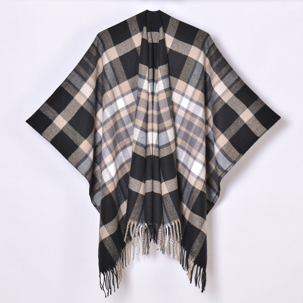 Oversized Plaid Tassel Poncho Cape - Black_K