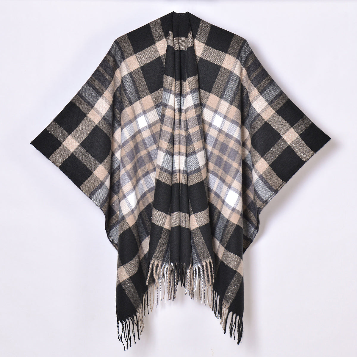 Oversized Plaid Tassel Poncho Cape - Black_K