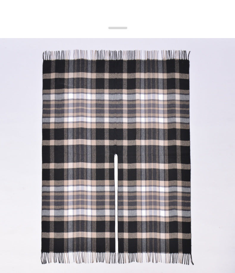 Oversized Plaid Tassel Poncho Cape - Black_K - 1