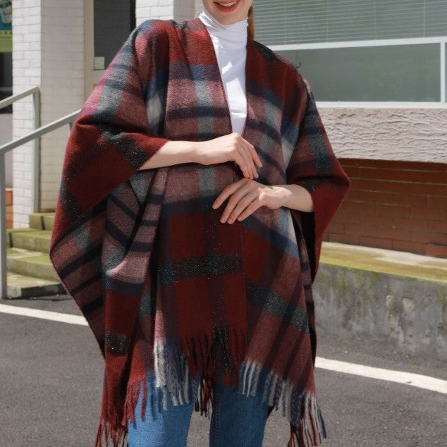 Oversized Plaid Tassel Poncho Cape - Burgundy