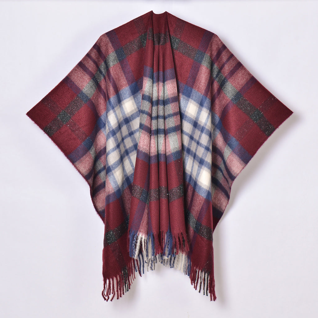 Oversized Plaid Tassel Poncho Cape - Burgundy - 1