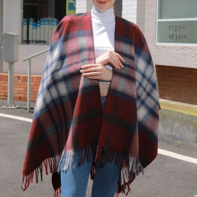 Oversized Plaid Tassel Poncho Cape - Burgundy - 2