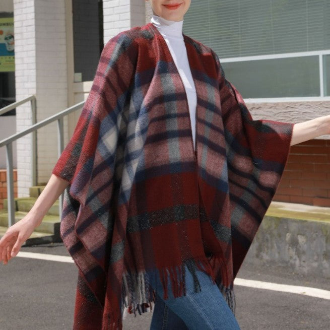 Oversized Plaid Tassel Poncho Cape - Burgundy - 3