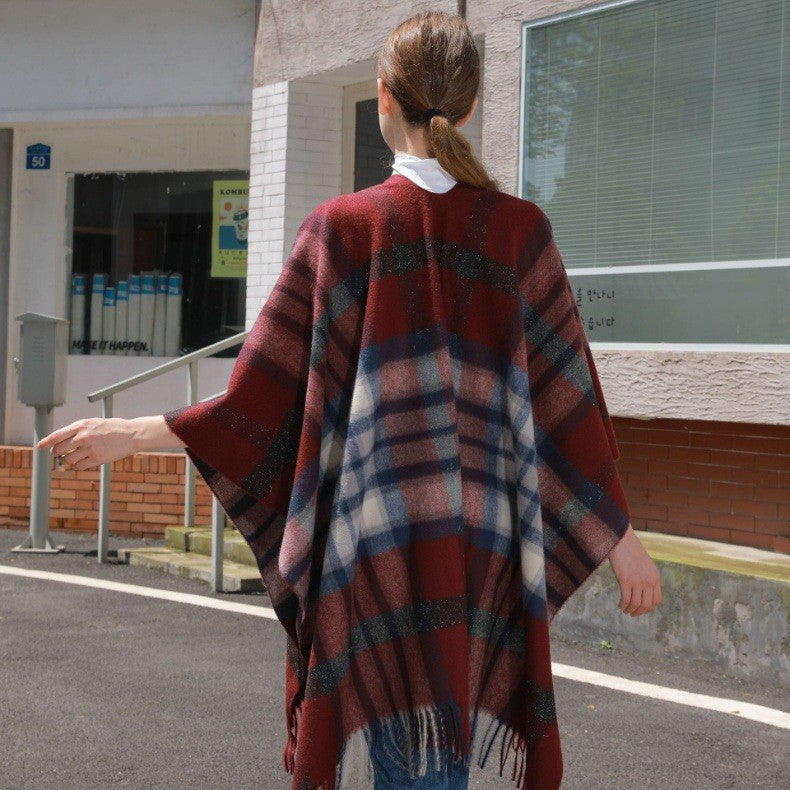 Oversized Plaid Tassel Poncho Cape - Burgundy - 4