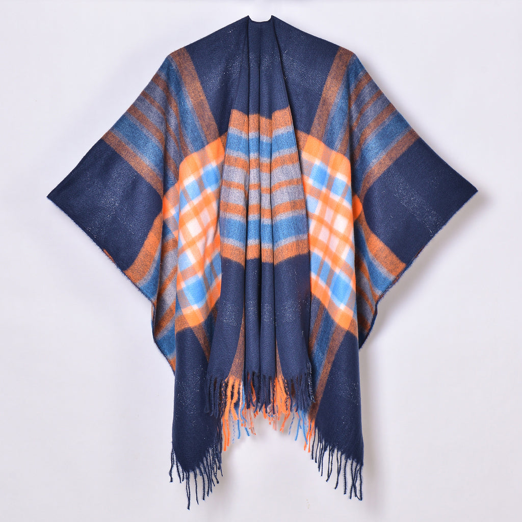 Oversized Plaid Tassel Poncho Cape - Navy
