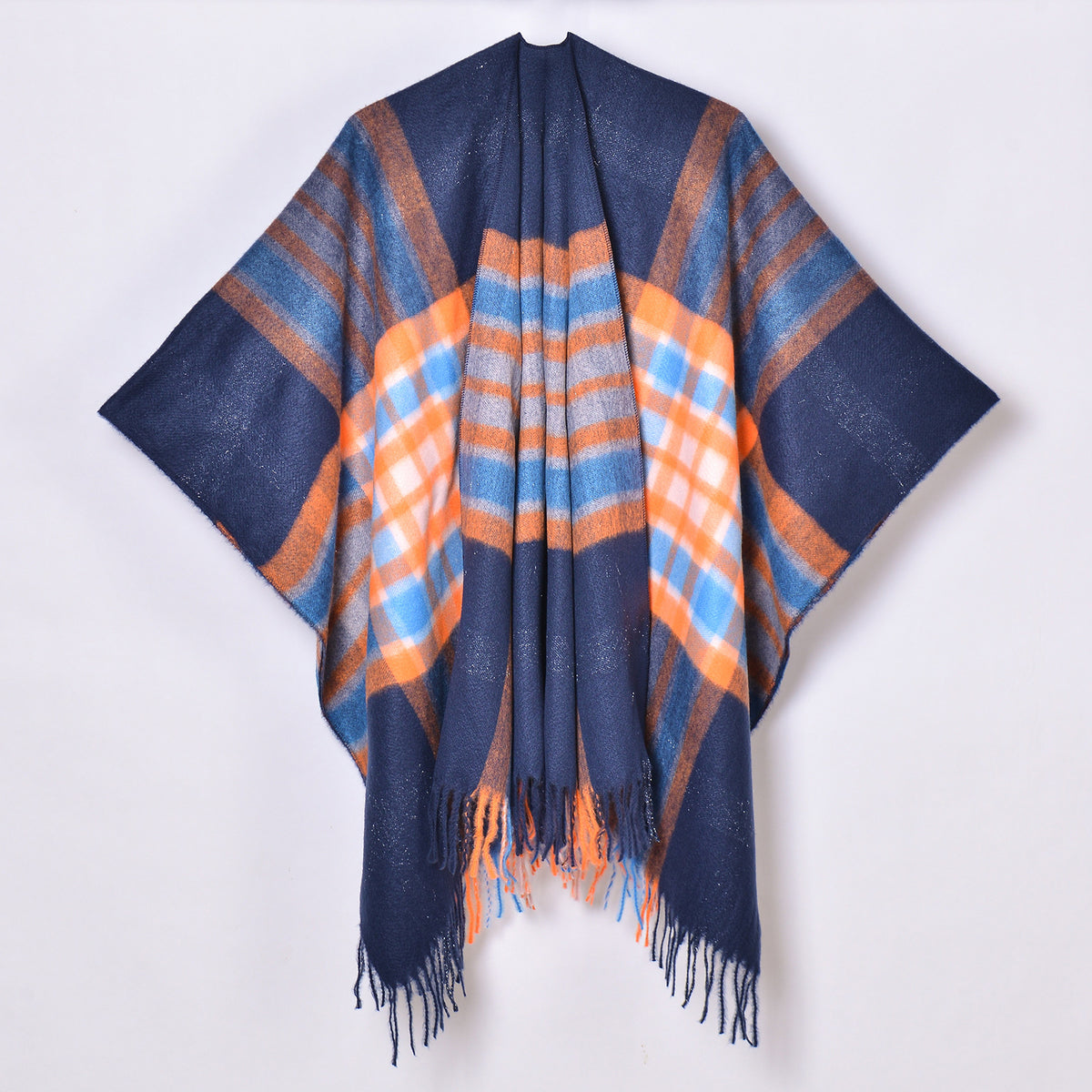 Oversized Plaid Tassel Poncho Cape - Navy