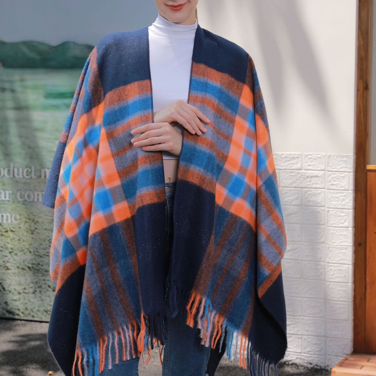 Oversized Plaid Tassel Poncho Cape - Navy - 1