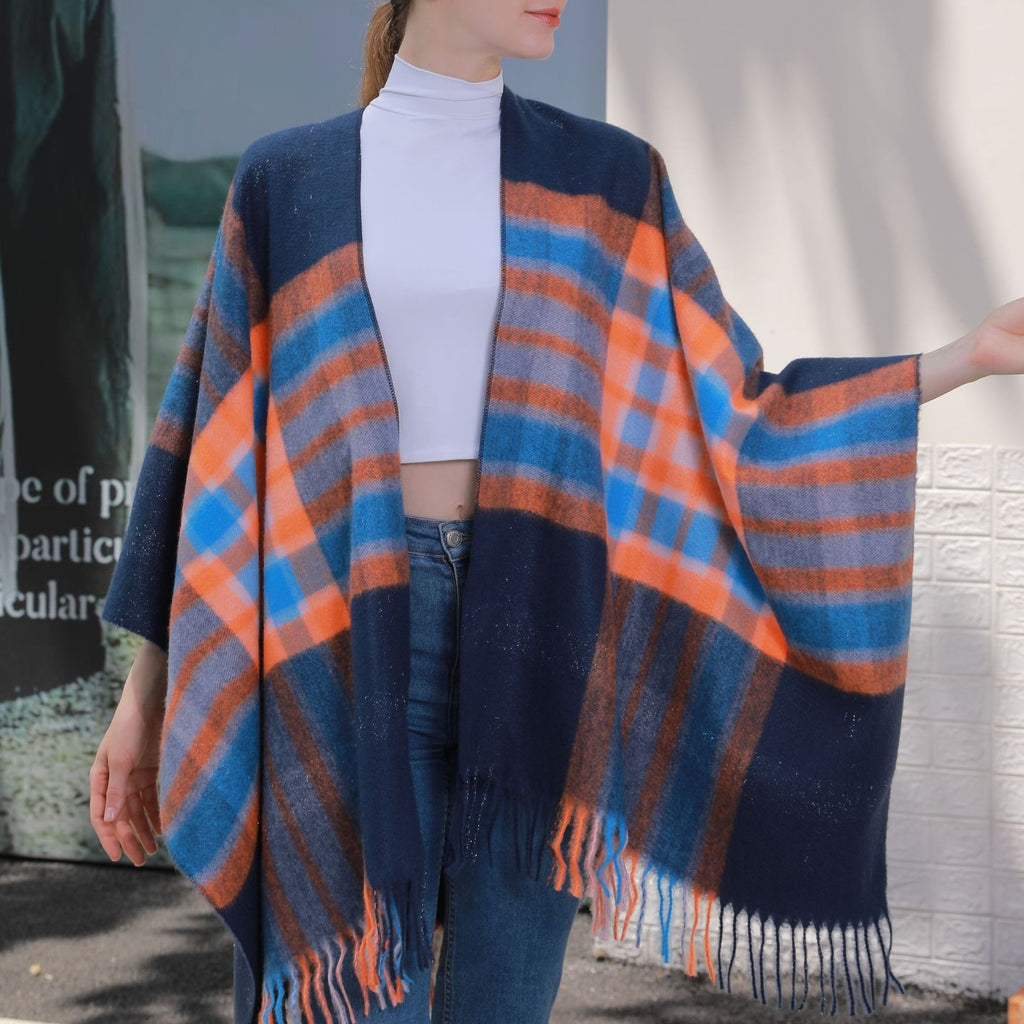Oversized Plaid Tassel Poncho Cape - Navy - 2