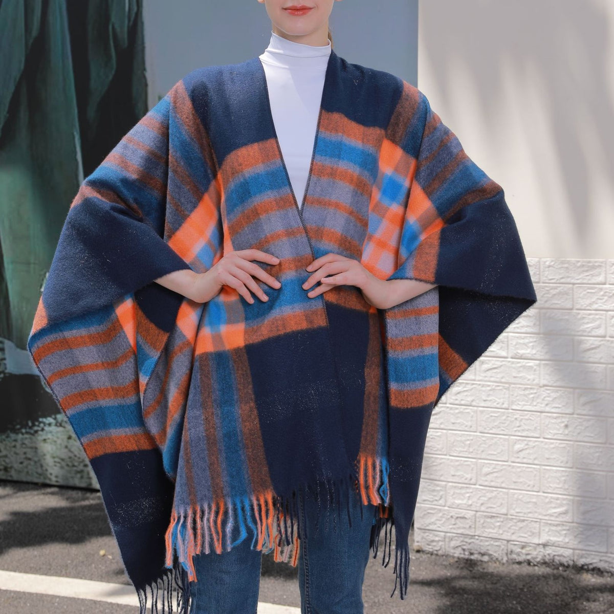Oversized Plaid Tassel Poncho Cape - Navy - 3
