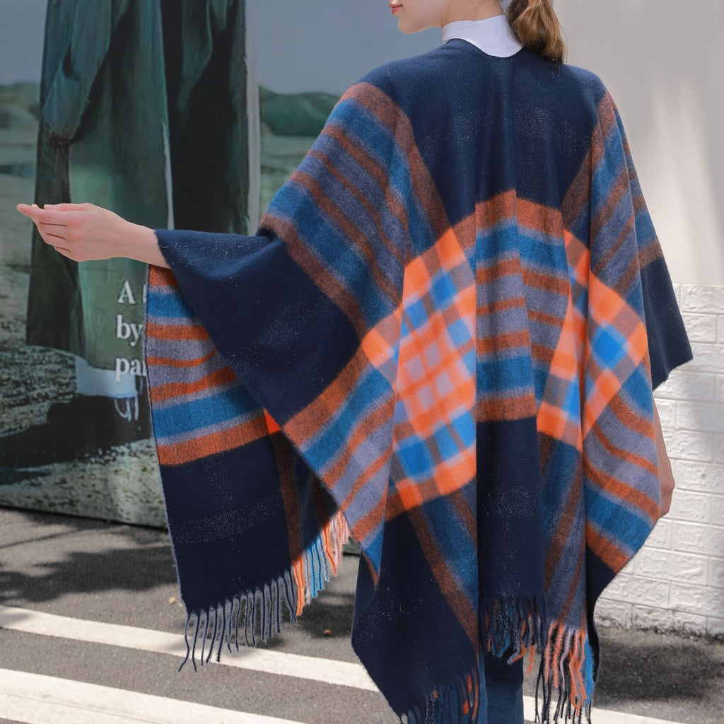 Oversized Plaid Tassel Poncho Cape - Navy - 4