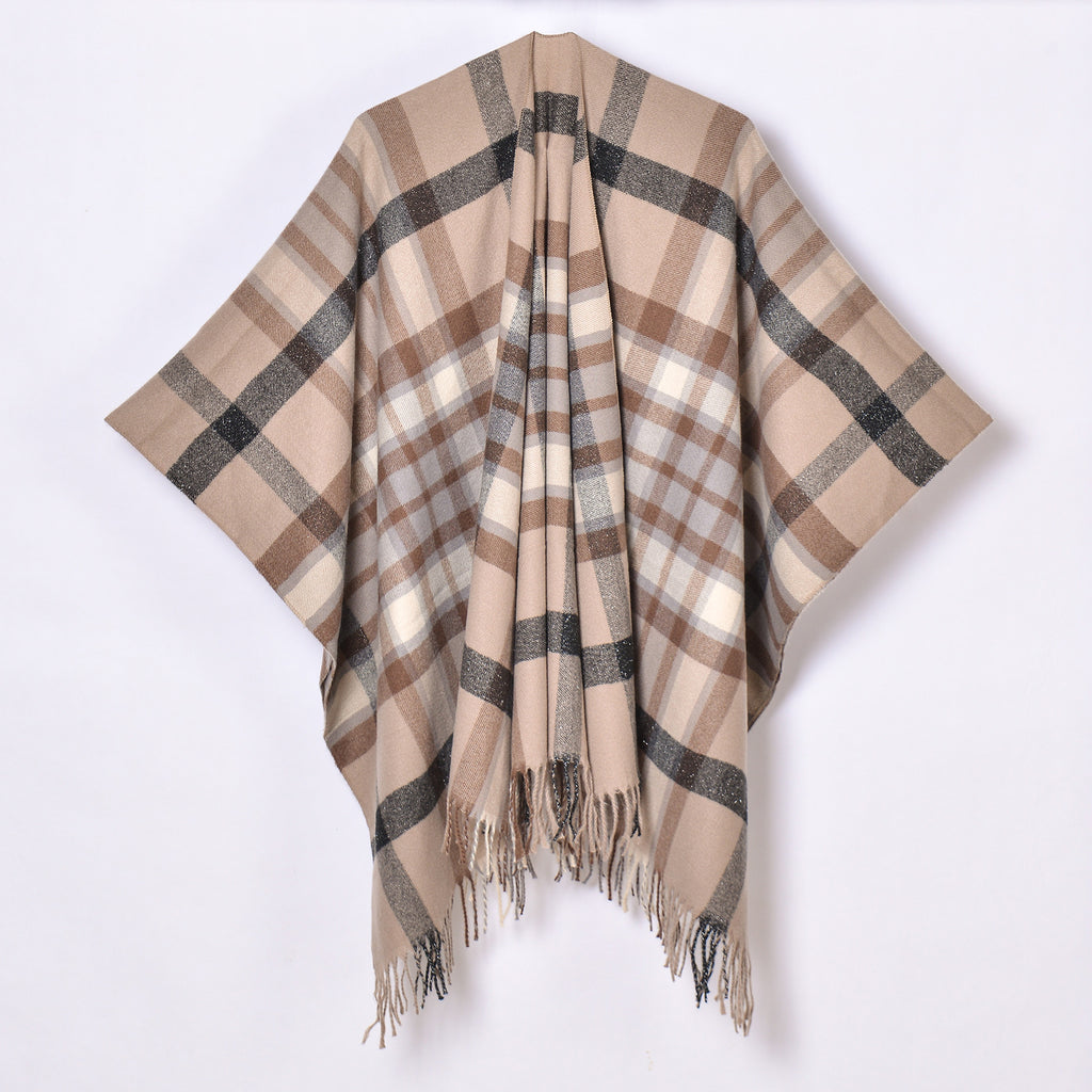 Oversized Plaid Tassel Poncho Cape - khaki