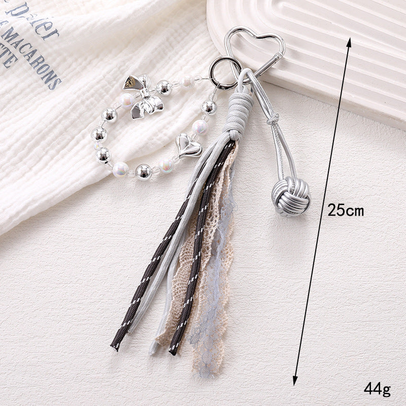 Beaded Knot Ball Ribbon Tassel Keychain - Silver