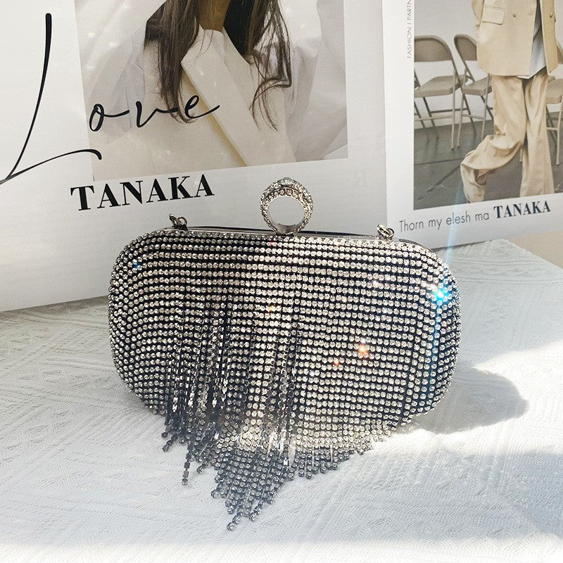 Rhinestone Fringe Evening Clutch with Ring Clasp - Black