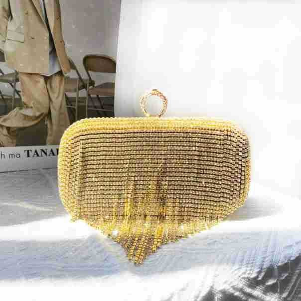 Rhinestone Fringe Evening Clutch with Ring Clasp - Gold
