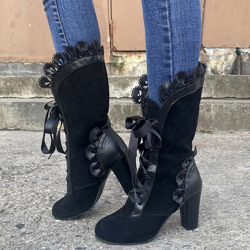 Victorian Lace Trim Lace-Up Block Heel Boots - Black