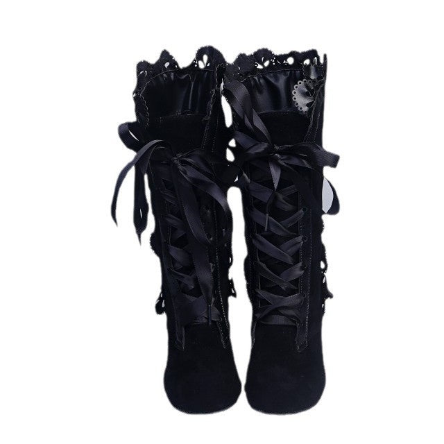 Victorian Lace Trim Lace-Up Block Heel Boots