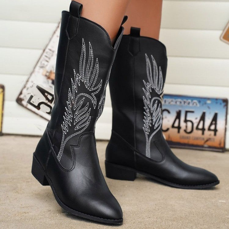 Embroidered Pointed Toe Western Cowboy Boots - Black