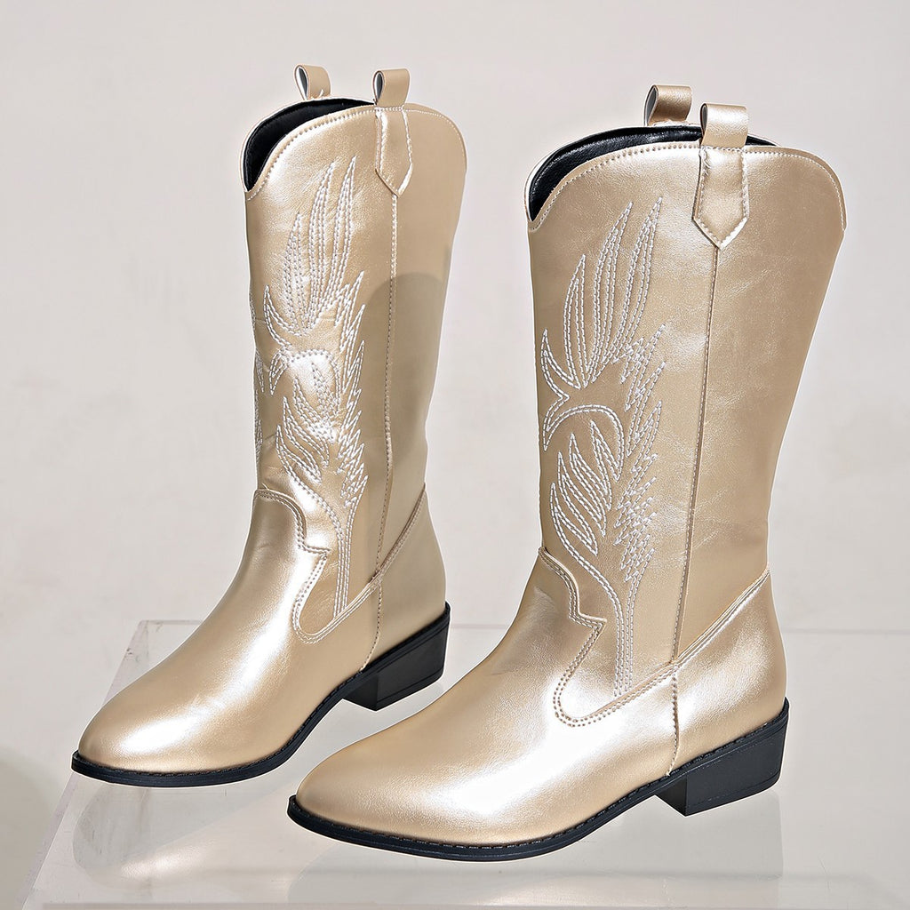 Embroidered Pointed Toe Western Cowboy Boots - Gold