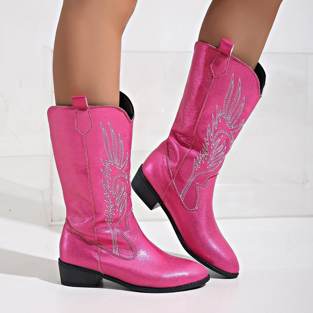 Embroidered Pointed Toe Western Cowboy Boots - Hot Pink
