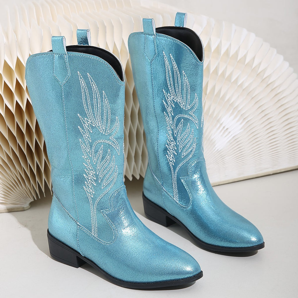 Embroidered Pointed Toe Western Cowboy Boots - Ice Blue