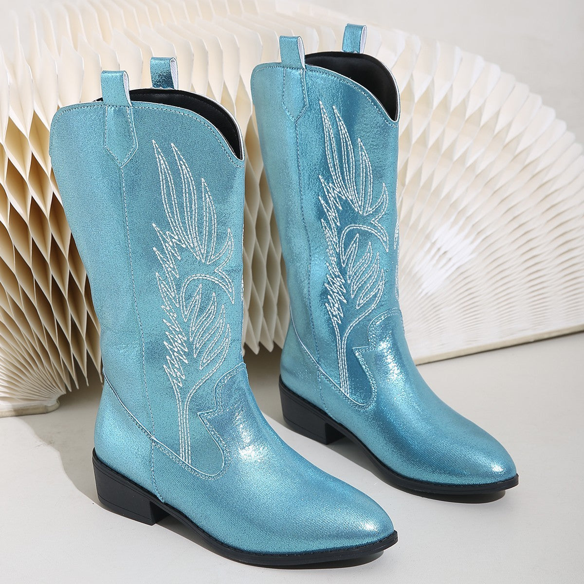 Embroidered Pointed Toe Western Cowboy Boots - Ice Blue